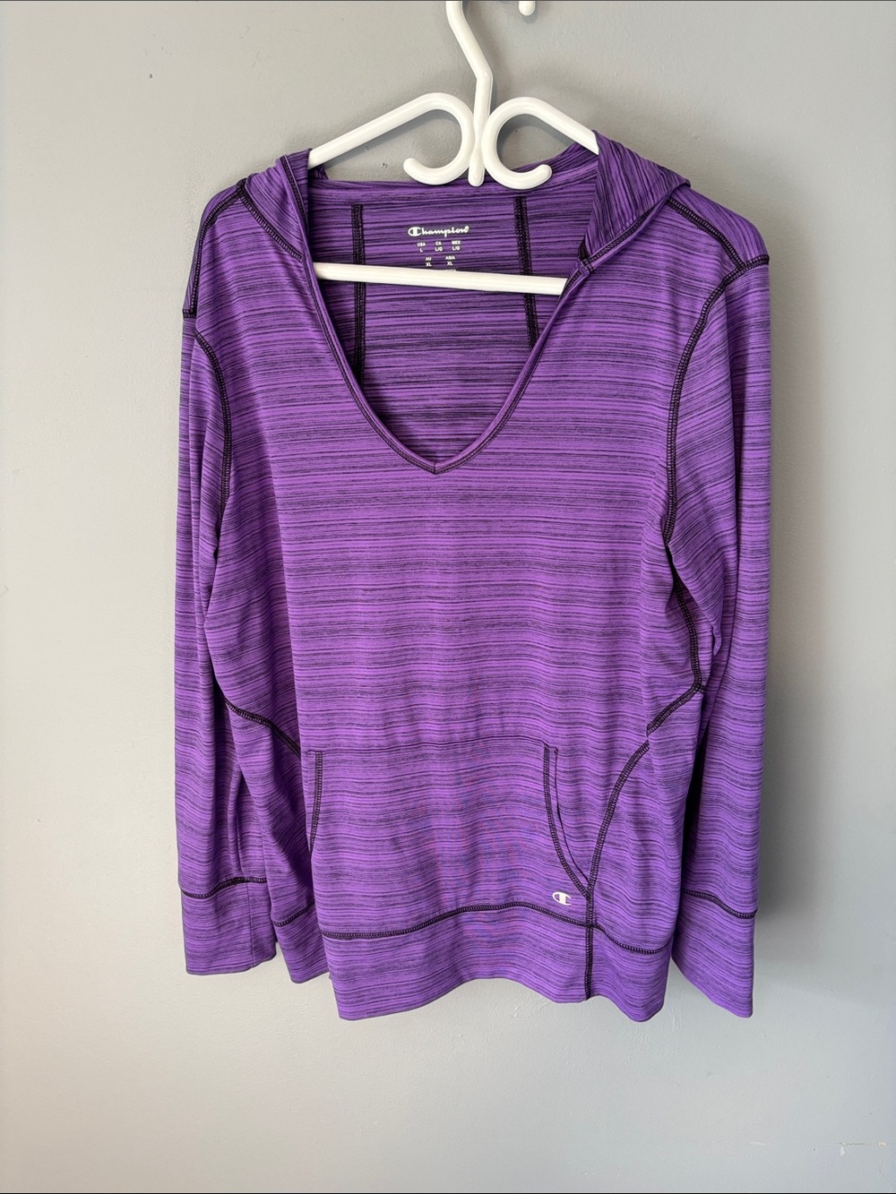 Champion Purple Striped V-Neck Hooded Pullover